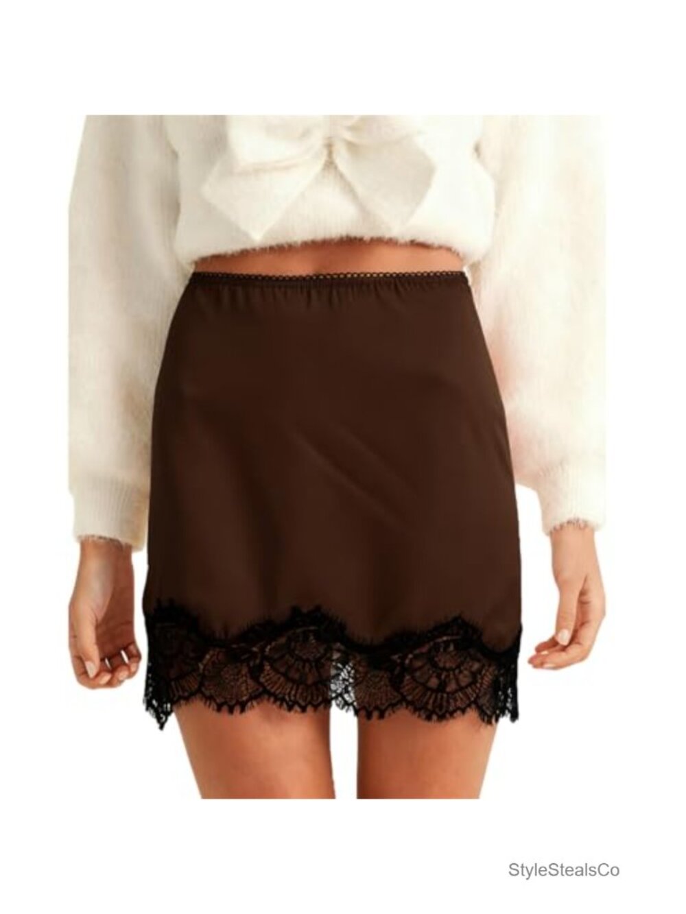 Satin Silky Mini Skirt Lace Trim Half Slip Underskirt A Line